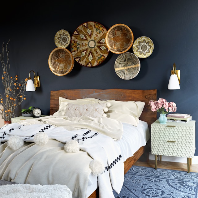 bedroom with dark walls and white bedding