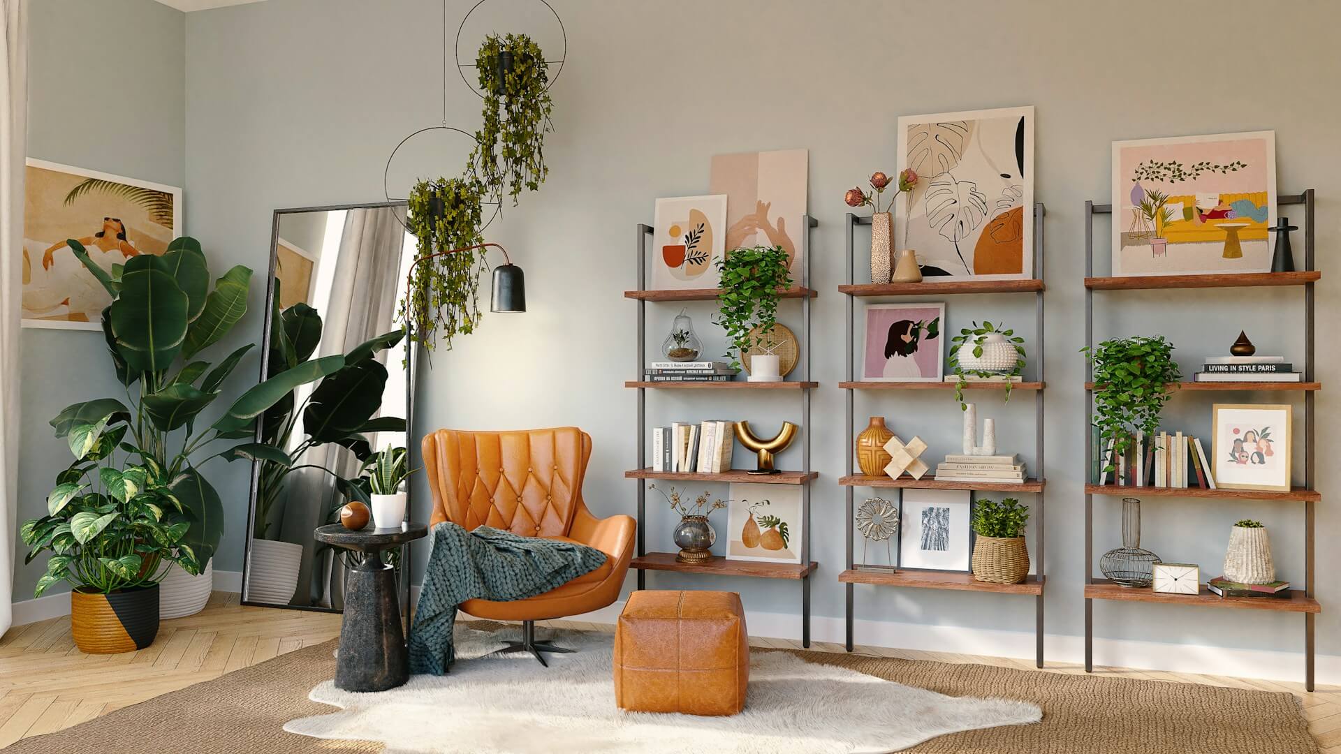 orange leather chair with an ottoman, an endtable, a mirror leaning against wall, and three bookshelves