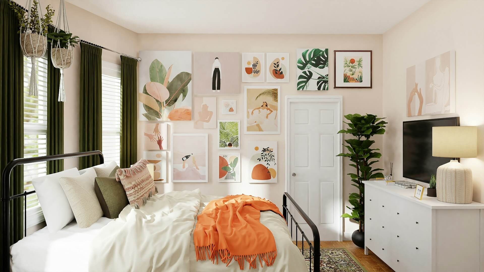 bedroom with white bedding and green/olive tones and lots of wall pictures