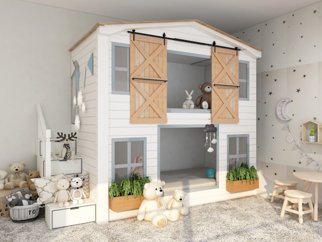 a giant barn-like playhouse with toys