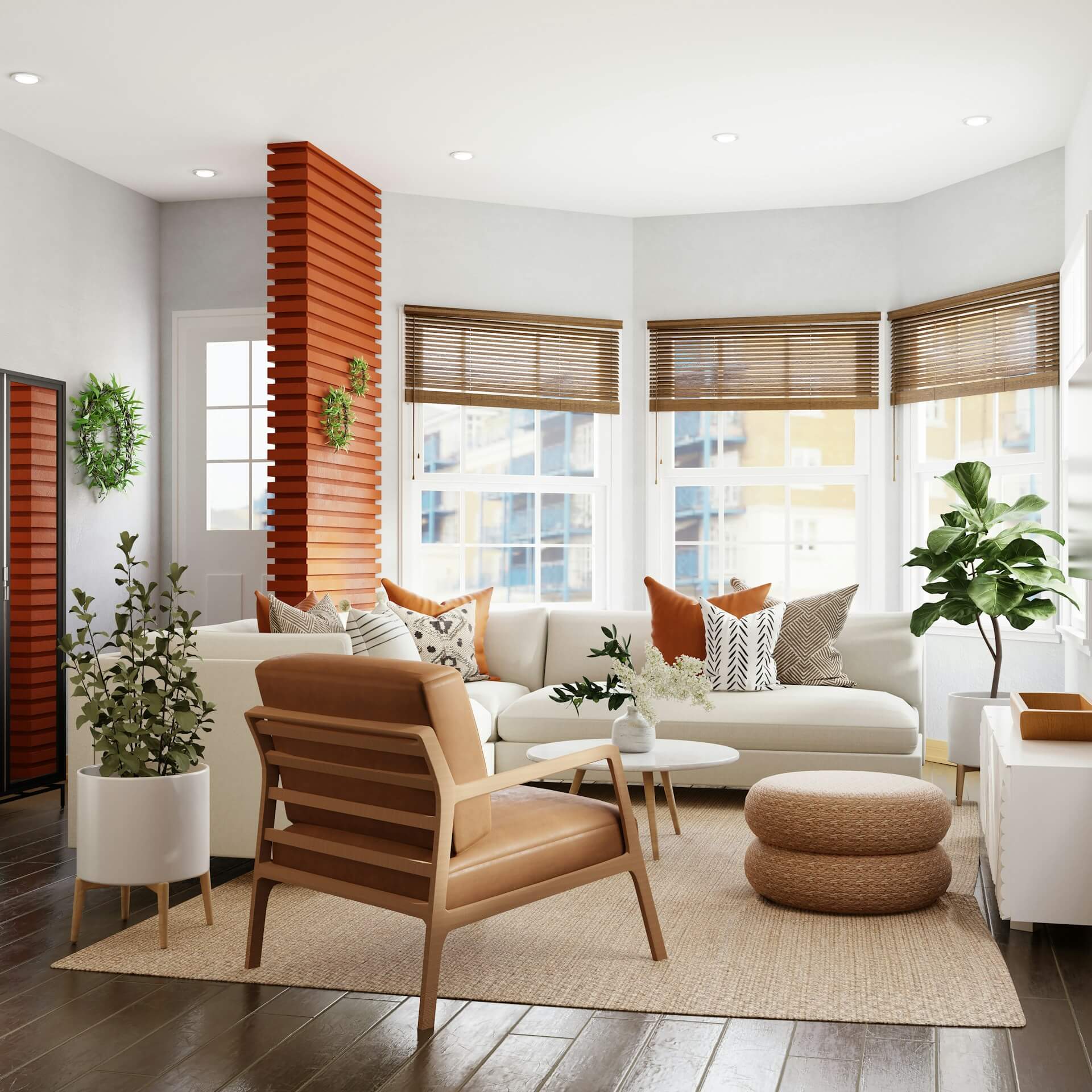 white living room with beige furniture and orange and wood accents