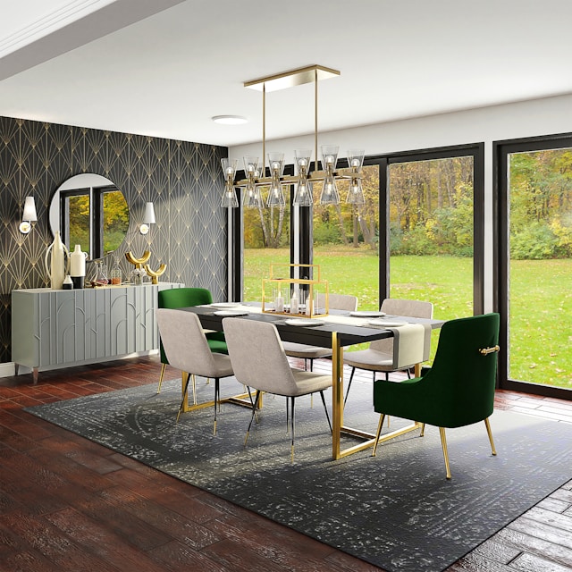 modern dining room with console table and mirror