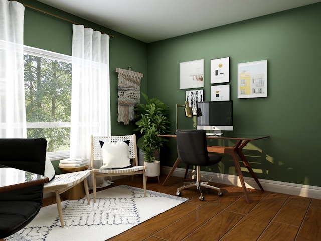 green home office with wood floors